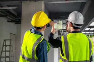 Two contractors in high-visibility vests reviewing an LED retrofit project on a tablet